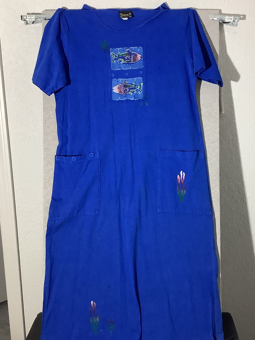 Vintage Jacquelin Blue Fisherman Pocket Midi Dress with Fish Motif